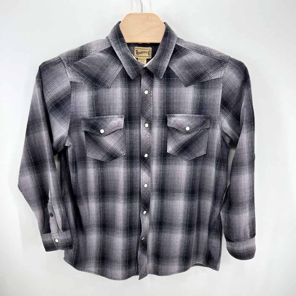 Roebuck & Co Western Pearl Snap Shirt Mens Large Grey Plaid Flannel Cowboy Rodeo